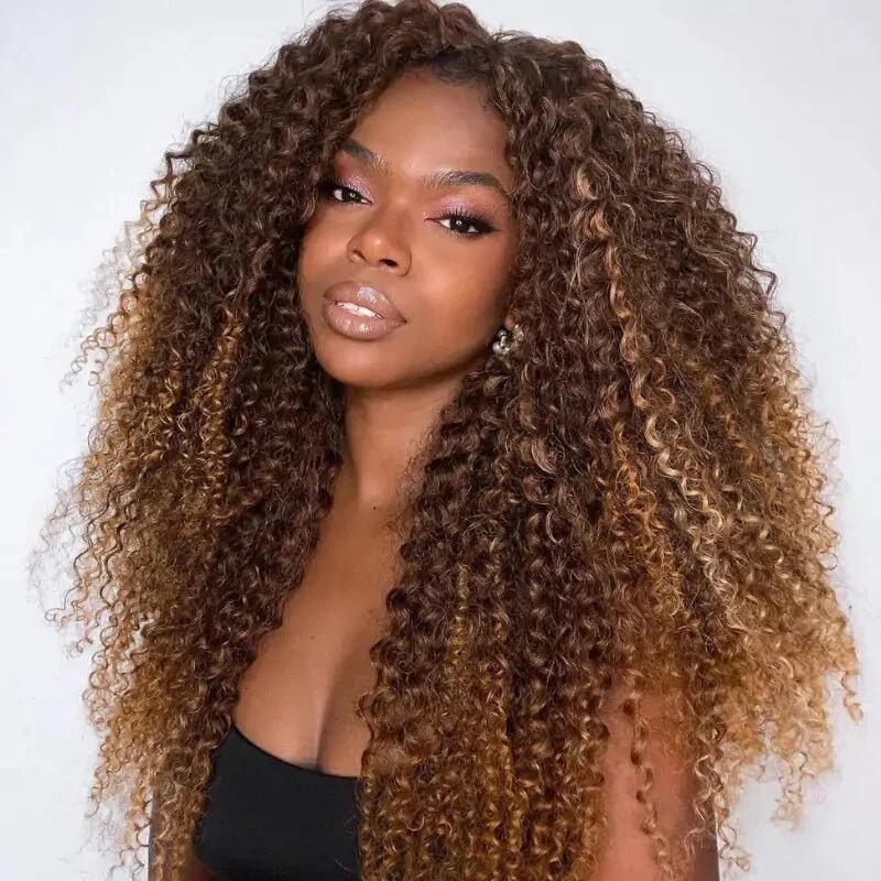 Curly Wig Ombre Auburn Brown 100% Human Hair 360 Skin Lace Frontal Invisi String Pre Everything Glueless Wig