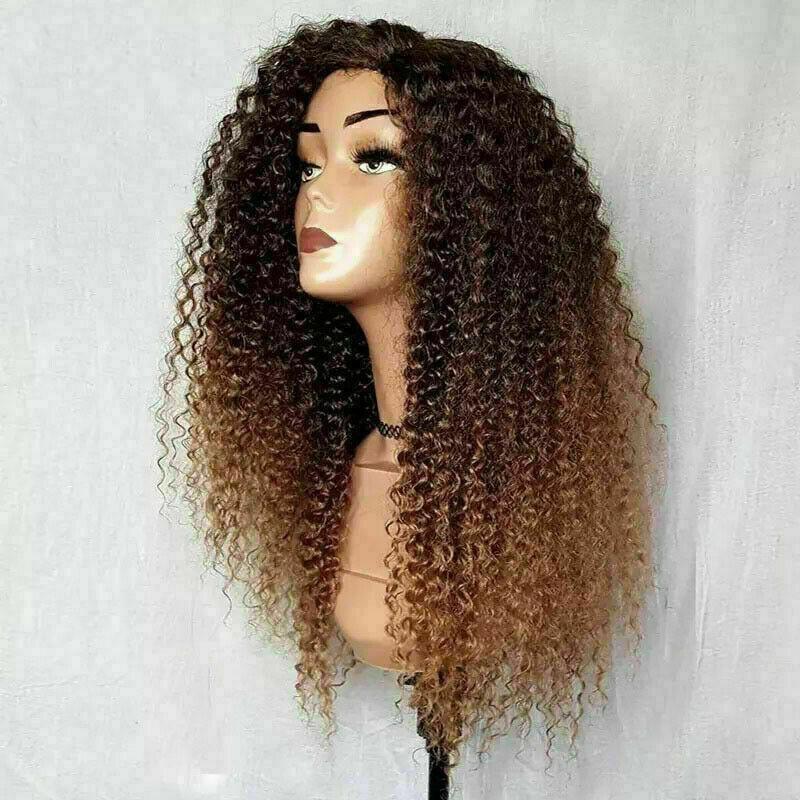 300 Density Luxury Curly Wig Ombre Auburn Brown 100% Human Hair Swiss 13x4 Lace Front Glueless Wig