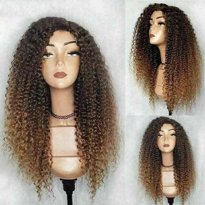 300 Density Luxury Curly Wig Ombre Auburn Brown 100% Human Hair Swiss 13x4 Lace Front Glueless Wig