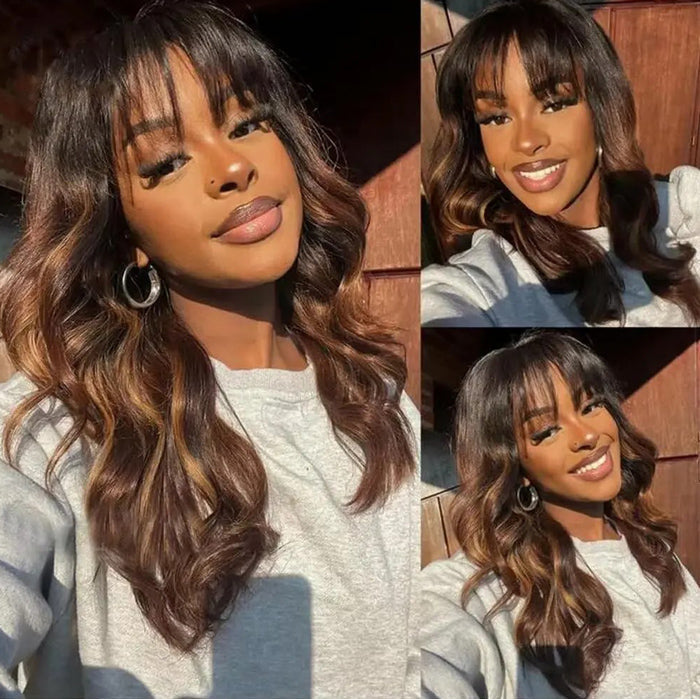 Ombre Chestnut Brown Highlights Body Wave Wig with Bangs 13x4 HD Invisible Lace Front Human Hair Wigs Bleached Knots For Women