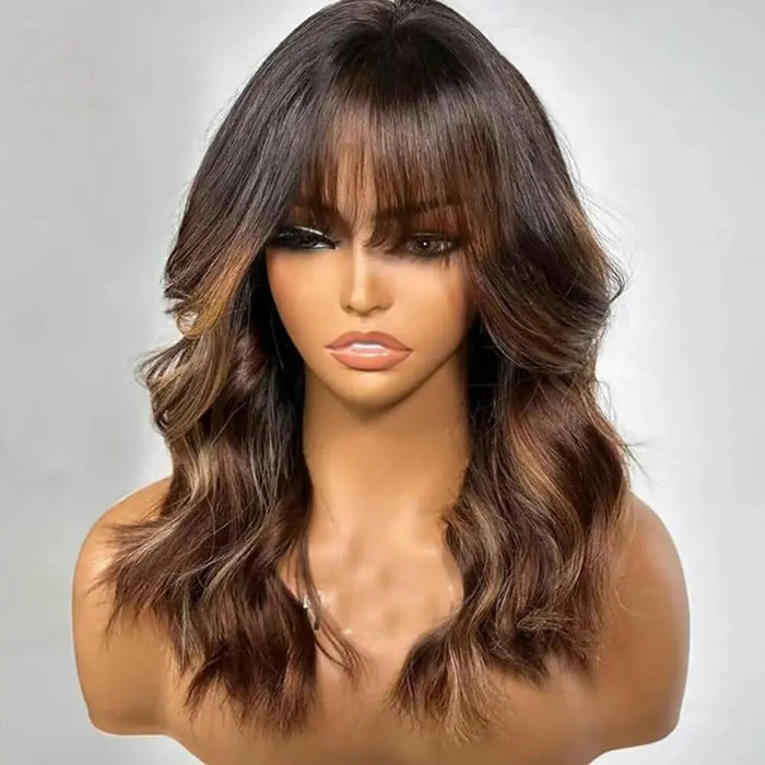 Ombre Chestnut Brown Highlights Body Wave Wig with Bangs 13x4 HD Invisible Lace Front Human Hair Wigs Bleached Knots For Women
