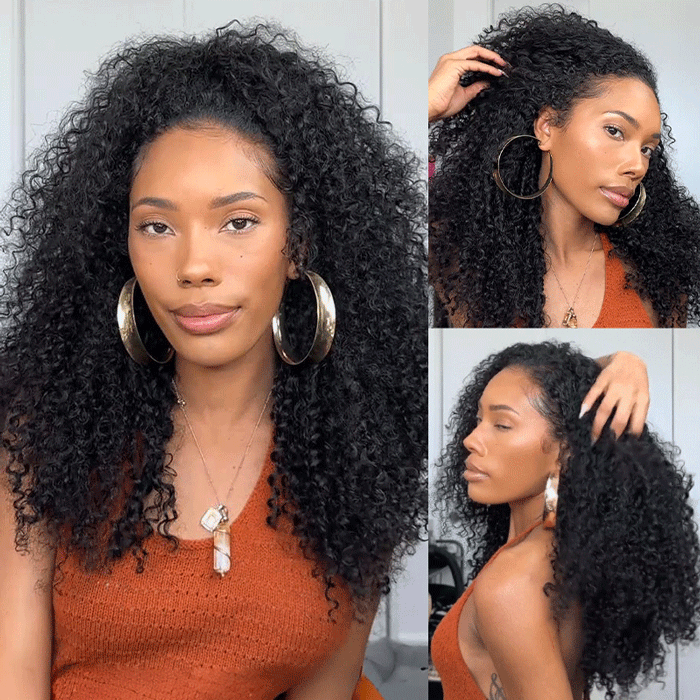 3 In 1 Half Wigs Kinky Curly Flip Over Human Hair Wigs Glueless Install Half Wig With Adjustable Drawstring Beginner Friendly
