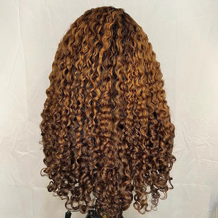 Glueless 4C Edges Hairline Curly Wigs Ombre Brown 13x4 Frontal HD Lace Human Hair Pre Everything Wigs For Women