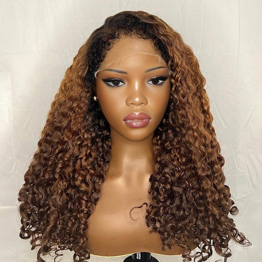 Glueless 4C Edges Hairline Curly Wigs Ombre Brown 13x4 Frontal HD Lace Human Hair Pre Everything Wigs For Women