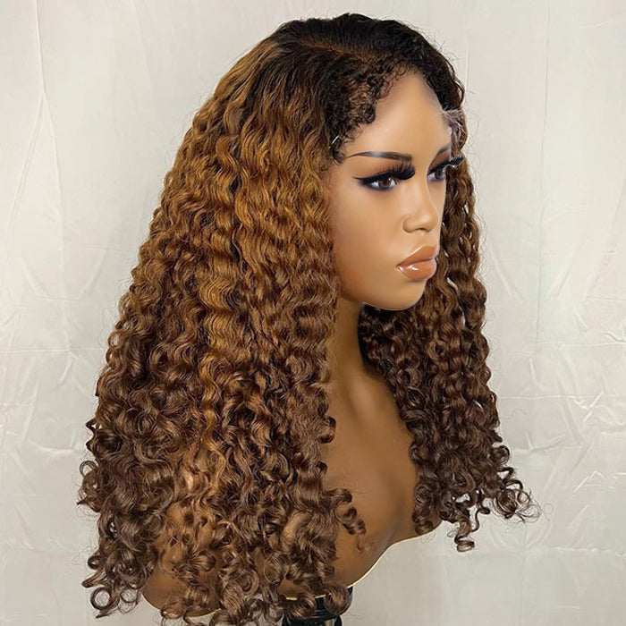 Glueless 4C Edges Hairline Curly Wigs Ombre Brown 13x4 Frontal HD Lace Human Hair Pre Everything Wigs For Women