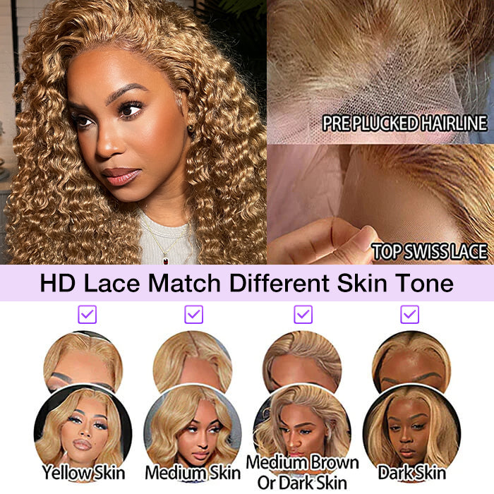 Honey Blonde 4x4 HD Lace Closure Wigs Natural #27 Brown Glueless Human Hair Wigs