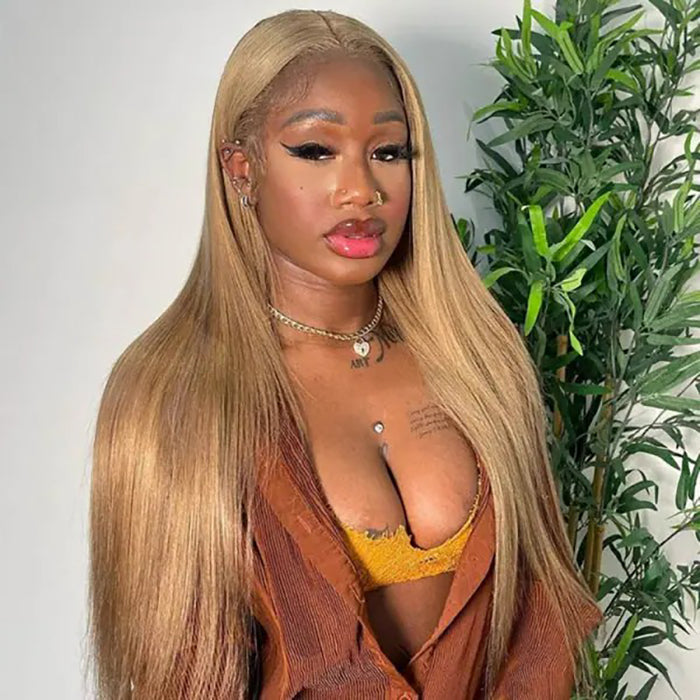 Honey Blonde 4x4 HD Lace Closure Wigs Natural #27 Brown Glueless Human Hair Wigs