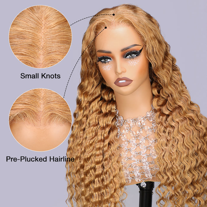 Glueless Deep Wave 13x6 Full Lace Frontal Wigs #27 Honey Blonde HD Glueless Human Hair Wigs Pre-Plucked