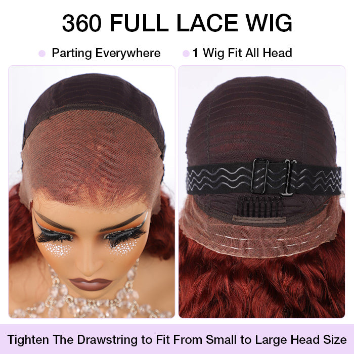 #33 Reddish Brown Water Wave Invisi-Pull String Snug Fit 360 HD Lace Frontal Pre-Cut & Pre-Plucked Glueless Wig