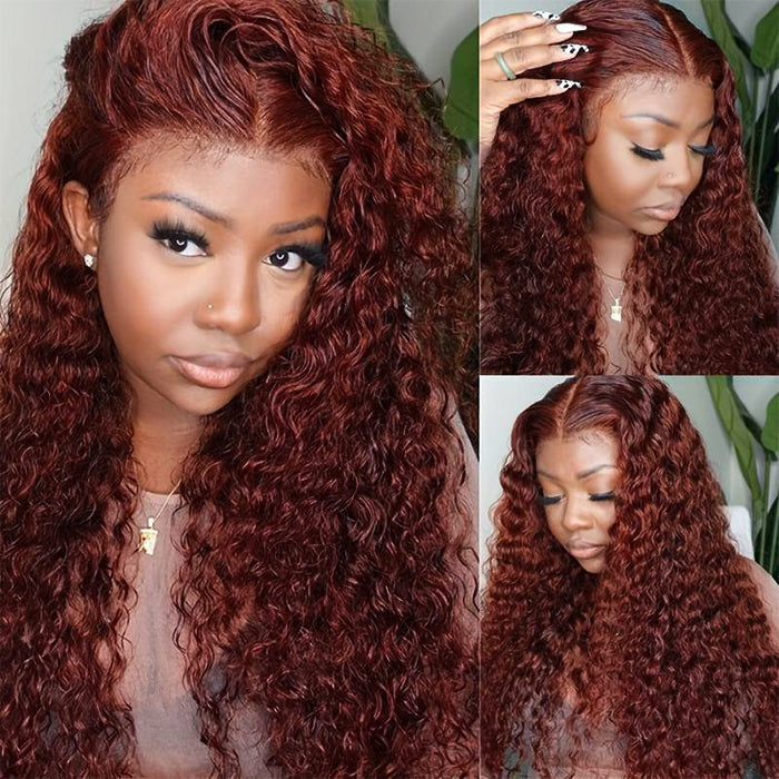 #33 Reddish Brown Water Wave Glueless Wig Big Parting 8*5 HD Lace Closure Wigs Ready To Wear
