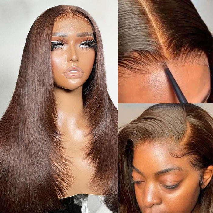 #4 Chocolate Brown Layered Cut Straight 13x4 HD Lace Front Wig Glueless Human Hair Wigs
