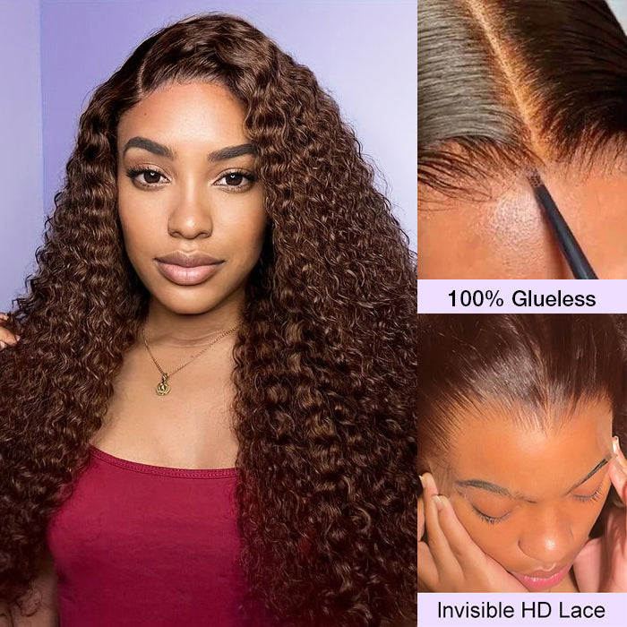Glueless Ready & Go Wig Curly Hair 8*5 Pre Cut HD Lace Closure Wigs #4 Chocolate Brown Color