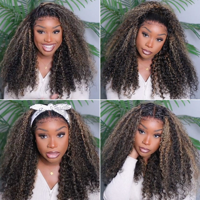 Glueless 4C Edges Blonde Highlight Curly 13x4 HD Lace Front Wig 100% Human Hair Pre Plucked Natural Hairline