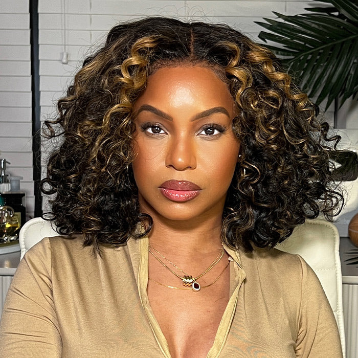 M1B/27 Blonde Highlight Lace Front Bob Wig Water Wave Pre Plucked Glueless Human Hair Bob Wig