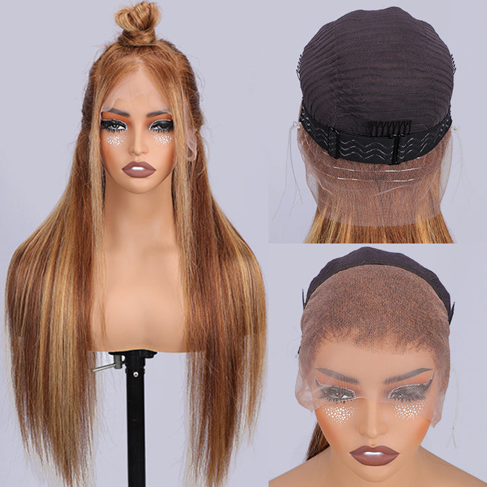 #4/27 Brown Highlights Straight Invisi Strap Snug Fit 360 Pre-Everything Glueless Lace Frontal Wig