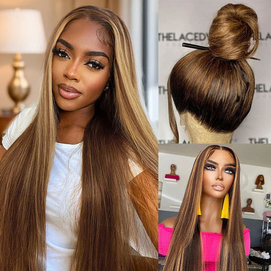#4/27 Brown Highlights Straight Invisi Strap Snug Fit 360 Pre-Everything Glueless Lace Frontal Wig