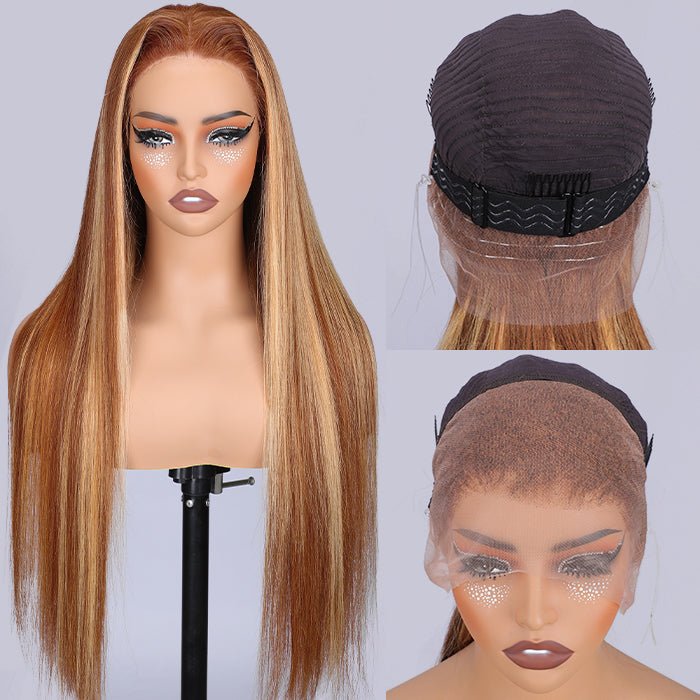 4/27 Highlight Brown Straight Wig 13x4 13x6 HD Lace Front Wigs Honey Blonde Human Hair Wigs