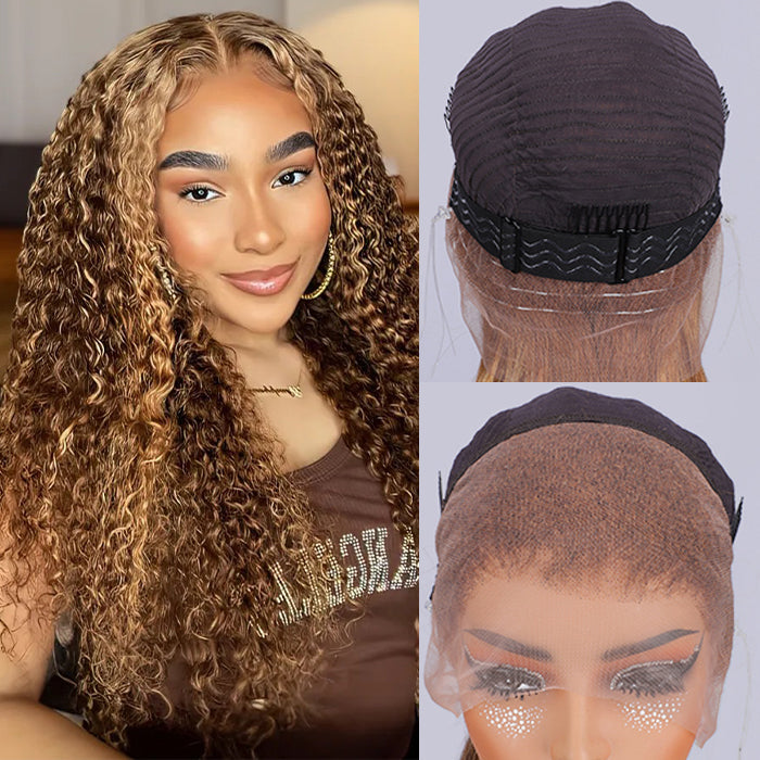 Highlight Curly Lace Front Wigs #4/27 Color Brazilian Remy Human Hair Wig Pre Plucked