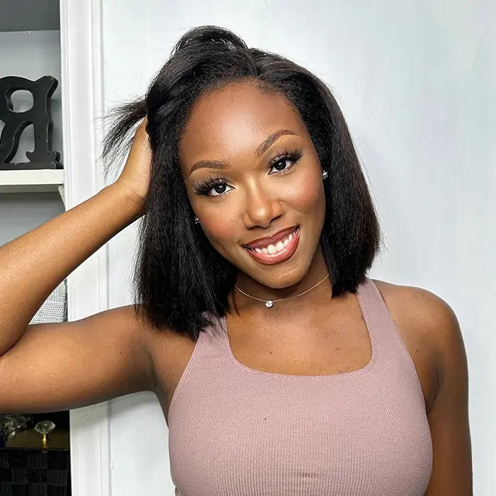 4C Edges Hairline Kinky Straight 8×5 Pre-bleached Knots Natural Scalp 220% Density Short Bob Wig