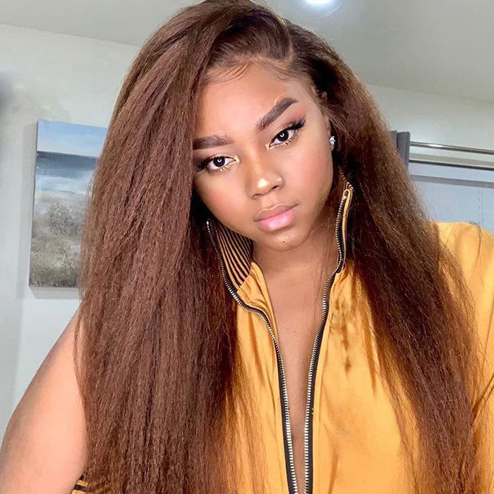 Brown Colored Kinky Straight Invisi String Snug Fit 360 Melting Lace Frontal Glueless Wig Human Hair