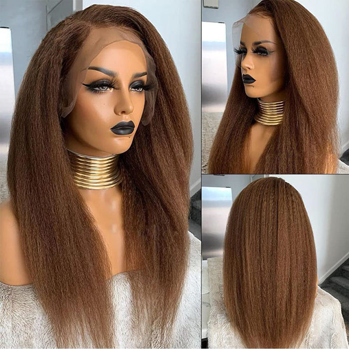 Brown Colored Kinky Straight Invisi String Snug Fit 360 Melting Lace Frontal Glueless Wig Human Hair