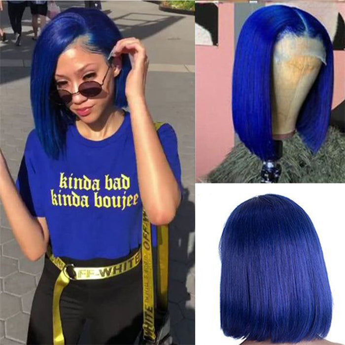 Blue Bob Wig 220% Density Straight 13x4 Lace Front Human Hair Wig Natural Hairline Bob Wigs