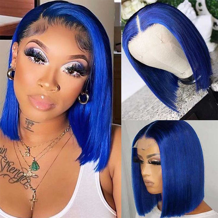 Blue Bob Wig 220% Density Straight 13x4 Lace Front Human Hair Wig Natural Hairline Bob Wigs