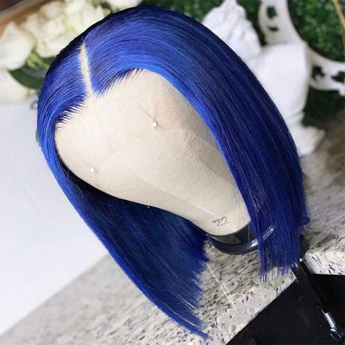 Blue Bob Wig 220% Density Straight 13x4 Lace Front Human Hair Wig Natural Hairline Bob Wigs