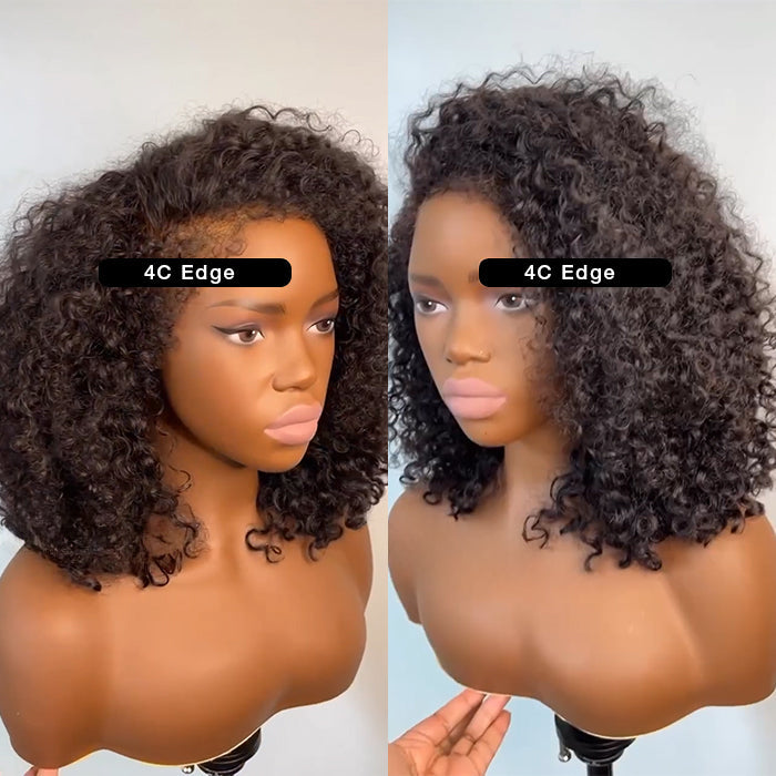 4C Edges Lace Front Bob Wig Glueless Curly Human Hair Wig with Pre Plucked Hairline 220% Density