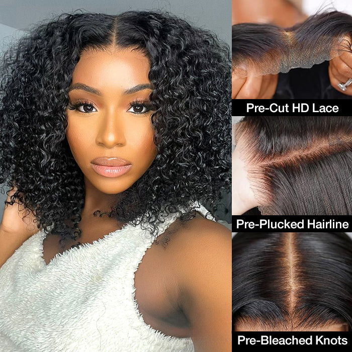 Glueless Wig Curly 8x5 Closure HD Lace Short Bob Wig Pre Cut & Plucked & Bleached