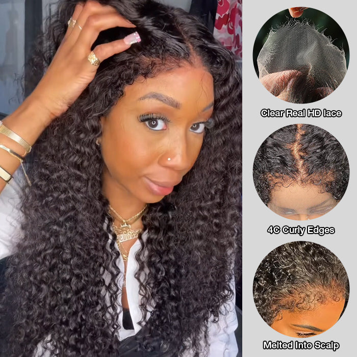 4C Curly Edges Hairline Glueless Curly Lace Front Human Hair Wig With Super Natural Hairline 220% Density