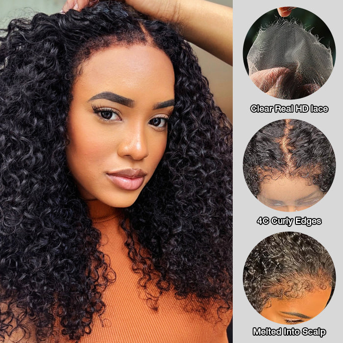 4C Edges Hairline Wig Transparent 13x4 HD Lace Pre-Plucked Curly Human Hair Wig with Curly Baby Hair
