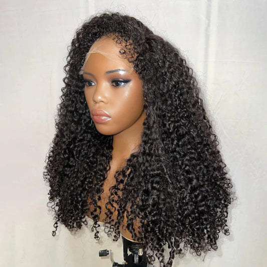 Glueless Pull Go Drawstring Curly Wig with 4C Curly Edge Hairline 13x4 13x6 HD Lace Human Hair Wigs 220%Density