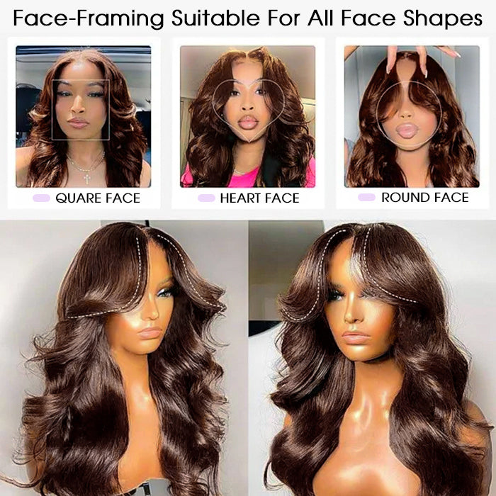 Chocolate Brown #4 Curtain Bangs 13x4 HD Lace Front Body Wave Glueless Human Hair Wigs