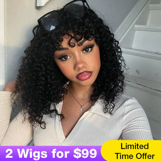Curly Short Bob Wig With Bangs None Lace Full Machinemade Human Hair Wigs Glueless Beginner Friendly