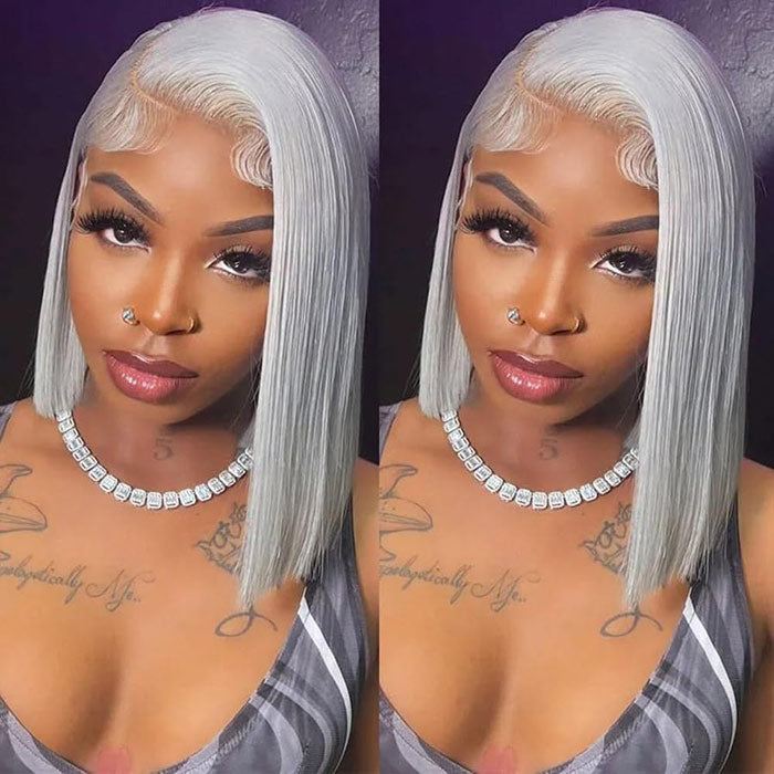 Grey 13x4 Lace Front Human Hair Wigs Straight Colored Sliver Bob Lace Wigs For Black Women Pre Plucked 220% Density