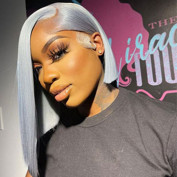 Grey 13x4 Lace Front Human Hair Wigs Straight Colored Sliver Bob Lace Wigs For Black Women Pre Plucked 220% Density