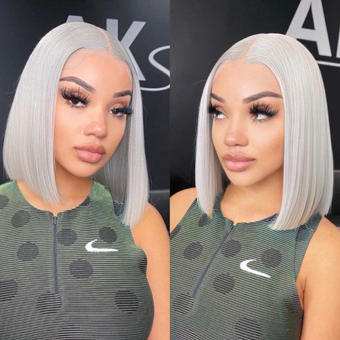 Grey 13x4 Lace Front Human Hair Wigs Straight Colored Sliver Bob Lace Wigs For Black Women Pre Plucked 220% Density