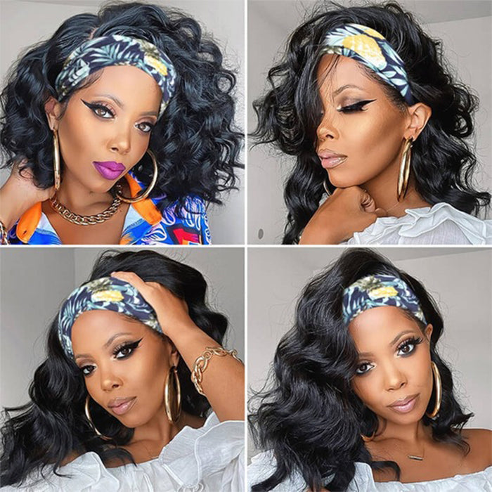 220% Density Body Wave Hair Headband Bob Wig Glueless Human Hair Half Wig
