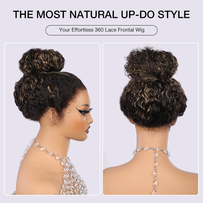 M1b/27 Blonde Highlight Curly Wigs Invisi-String Snug Fit 360 HD Lace Frontal Virgin Human Hair Wig For Women