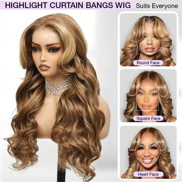 Curtain Bangs Body Wave Human Hair Wig Blonde Highlight 13x4 HD Lace Frontal Wig
