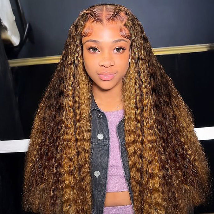 Highlighted Deep Wave Wig #4/27 Ombre Colored Wig Brown Wig With Blonde Highlighted Lace Front Human Hair Wigs