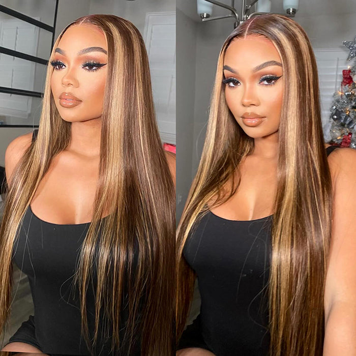 4/27 Honey Blonde Highlight 5x5 HD Transparent Lace Closure Human Hair Wigs