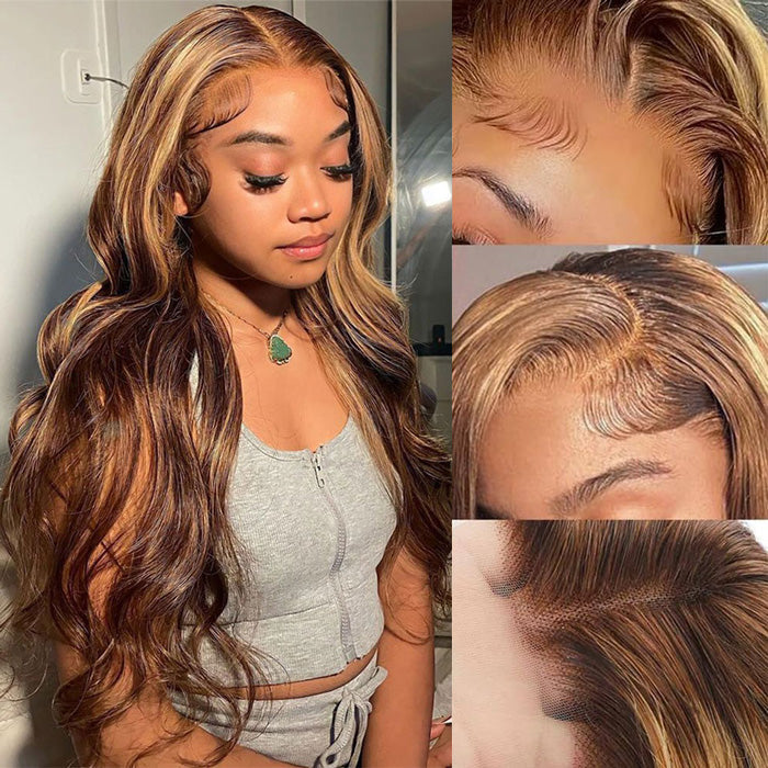 4/27 Honey Blonde Highlight 5x5 HD Transparent Lace Closure Human Hair Wigs