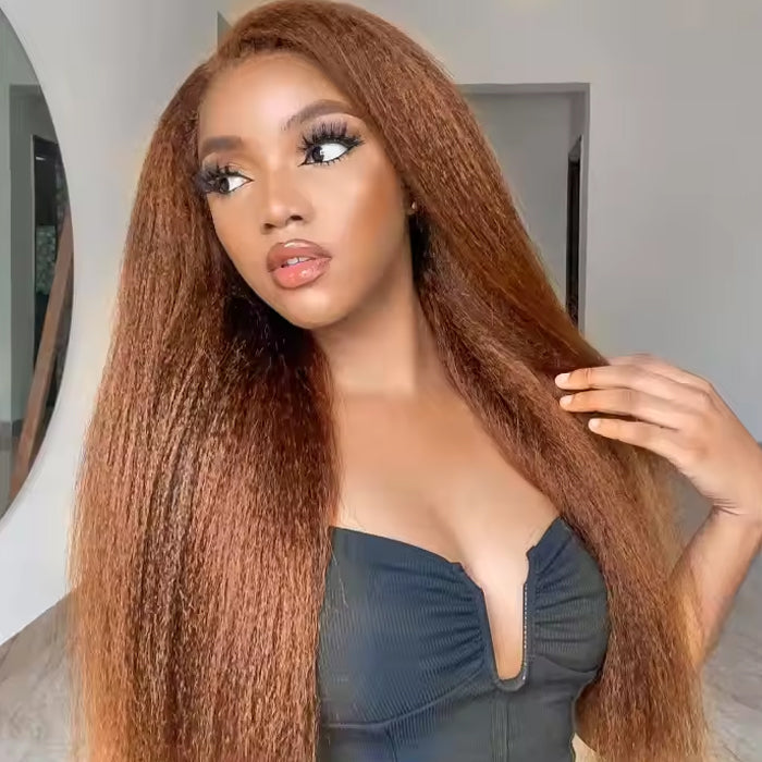 Glueless 4C Kinky Edges Hairline Kinky Straight Human Hair #30 Chestnut Brown Color 13x4/13x6 HD Transparent Lace Front Wigs