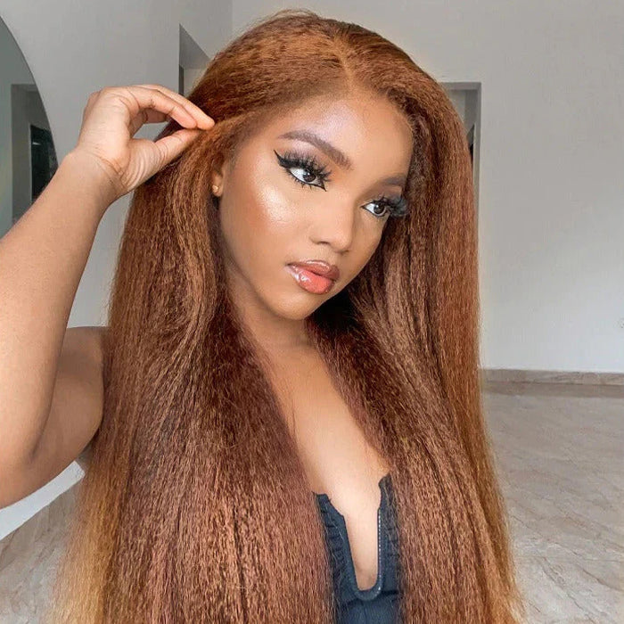 Glueless 4C Kinky Edges Hairline Kinky Straight Human Hair #30 Chestnut Brown Color 13x4/13x6 HD Transparent Lace Front Wigs