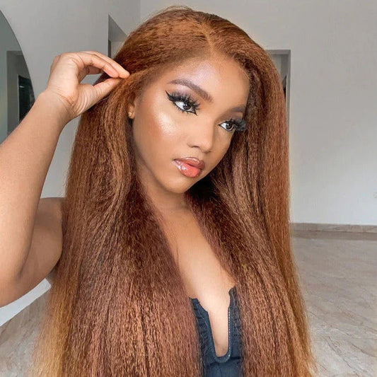 Glueless 4C Kinky Edges Hairline Kinky Straight Human Hair #30 Chestnut Brown Color 13x4/13x6 HD Transparent Lace Front Wigs