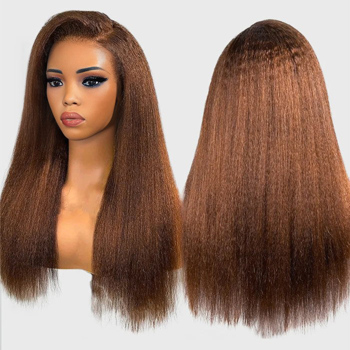 Glueless 4C Kinky Edges Hairline Kinky Straight Human Hair #30 Chestnut Brown Color 13x4/13x6 HD Transparent Lace Front Wigs