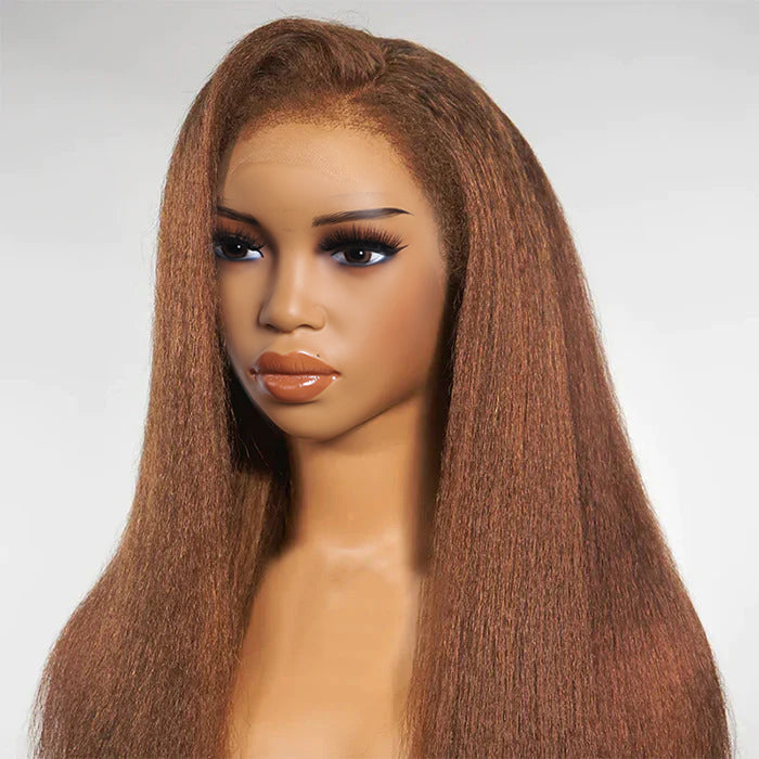 Glueless 4C Kinky Edges Hairline Kinky Straight Human Hair #30 Chestnut Brown Color 13x4/13x6 HD Transparent Lace Front Wigs