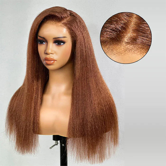 Glueless 4C Kinky Edges Hairline Kinky Straight Human Hair #30 Chestnut Brown Color 13x4/13x6 HD Transparent Lace Front Wigs